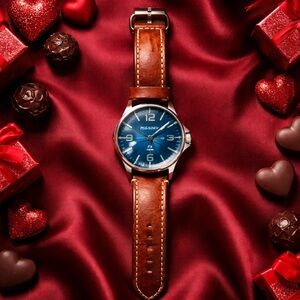 Torgoen Blue Dial Watch with Brown Leather Strap